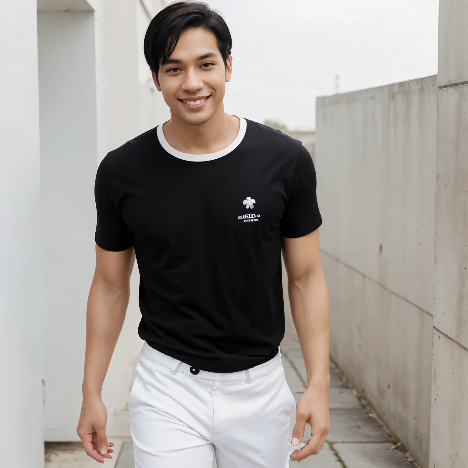 Tall boy, light skin, Black hair, Brown eyes, Smiling, Black short sleeve shirt with 5 white stars in the middle of the shirt, White pants with a black line, and white sneakers with black, Anime style