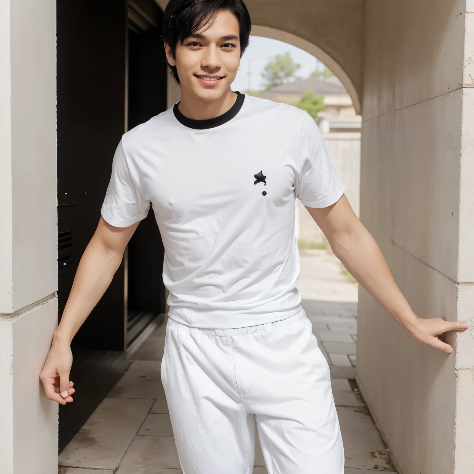 Tall boy, light skin, Black hair, Brown eyes, Smiling, Black short sleeve shirt with 5 white stars in the middle of the shirt, White pants with a black line, and white sneakers with black, Anime style