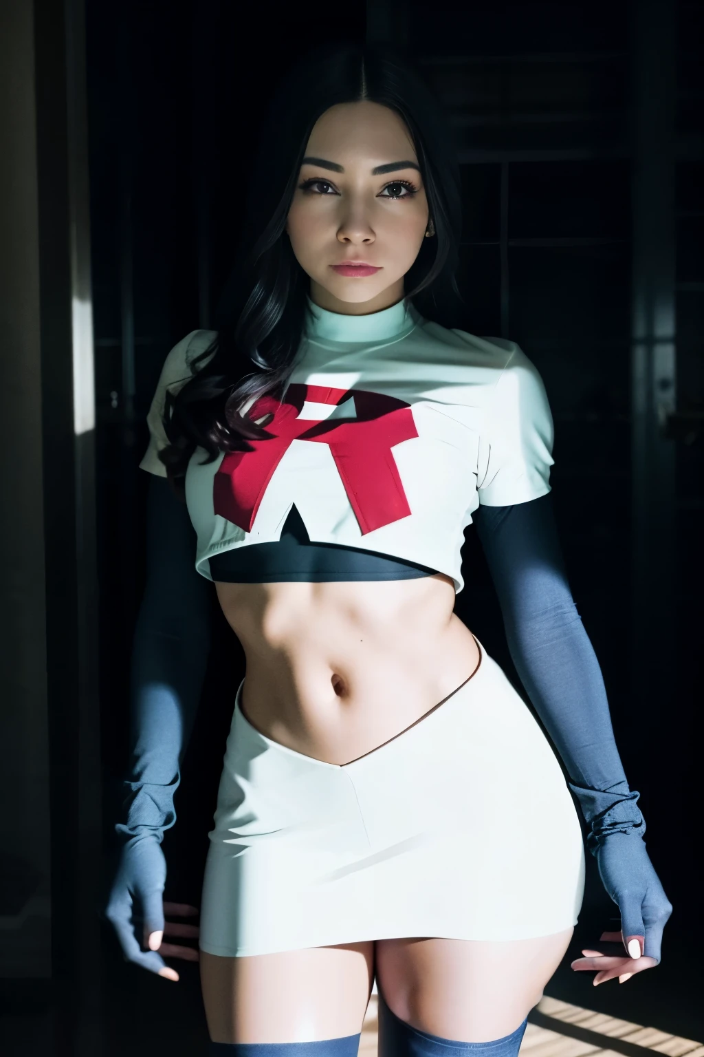 alinitydivine, a woman wearing team rocket,team rocket uniform,white skirt,red letter R,crop top,black thigh-highs,black elbow gloves,