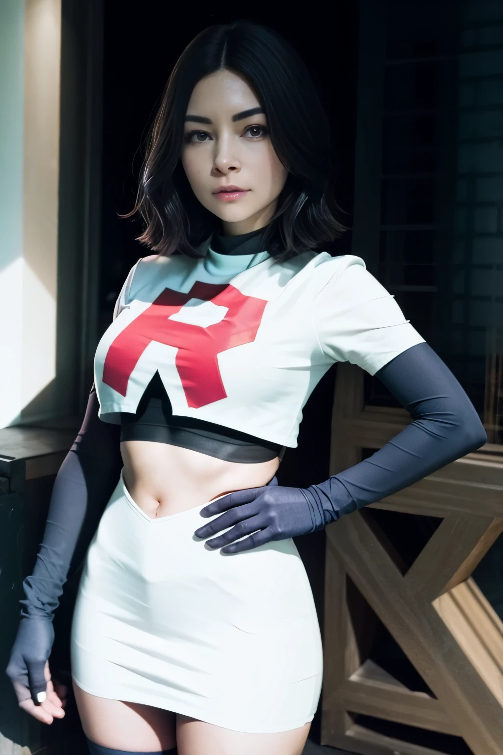 alinitydivine, a woman wearing team rocket,team rocket uniform,white skirt,red letter R,crop top,black thigh-highs,black elbow gloves,