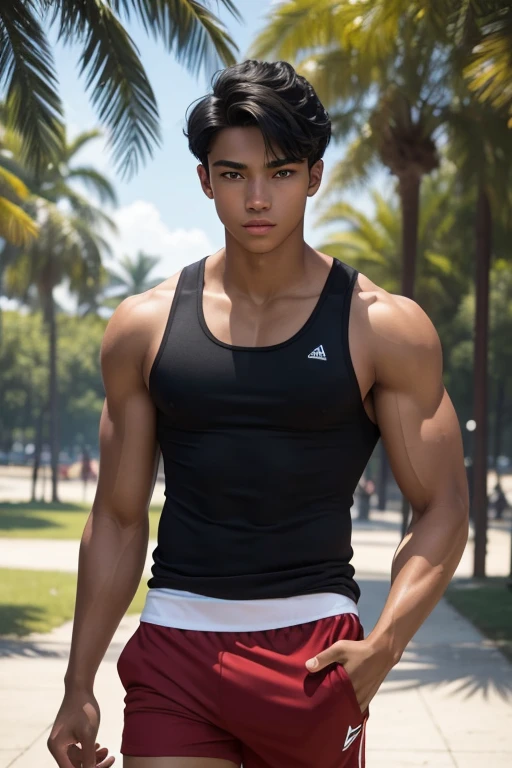 A young 18-year-old male, athletic and well-defined body, lightly tanned skin, black hair, blue eyes, red tank top, black shorts, in the park