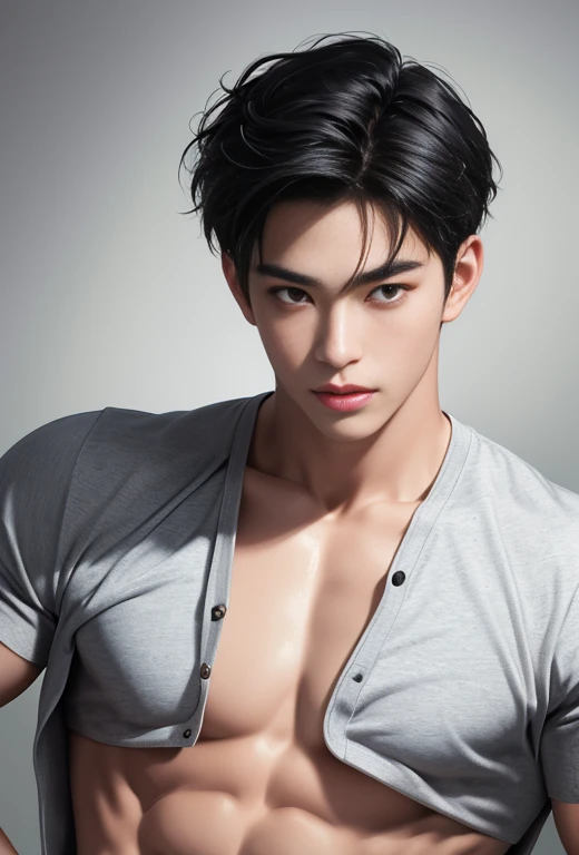 High quality, masterpiece, highly detailed, 8k, perfect face, perfect body, realistic, photogenic, man, Asian, young, black hair, short hair, handsome, detailed eyes, beautiful detailed nose, realistic body, realistic light, comfortable expressions, cute guy, sweat guy, cool guy, abs sixpack, model style, sexy clothes , full body, clean skin, swimsuit