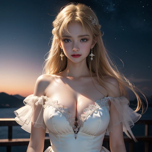 masterpiece，Highest image quality，Super details，best quality ,extremely delicate and beautiful, Very detailed,best quality, official art, Extremely detailed CG unified 8k wallpaper, Huang Li, File size is huge , super detailed, The best look，high resolution ，positive focus bodyesbian；1.5，big watery eyes，Blonde hair, blue eyes，The sexiest look，Beautiful dreamcatcher earrings，charming smile，Blushed，beautiful breast balls，Perfect breast shape，Snow-white breasts，（Clear textured and radiant skin），（Bright Eyes），Upper body，（night sky，Milky Way，starry sky，），Ultra thin，translucent，（Thick, tidy hair），Beautiful red dress，