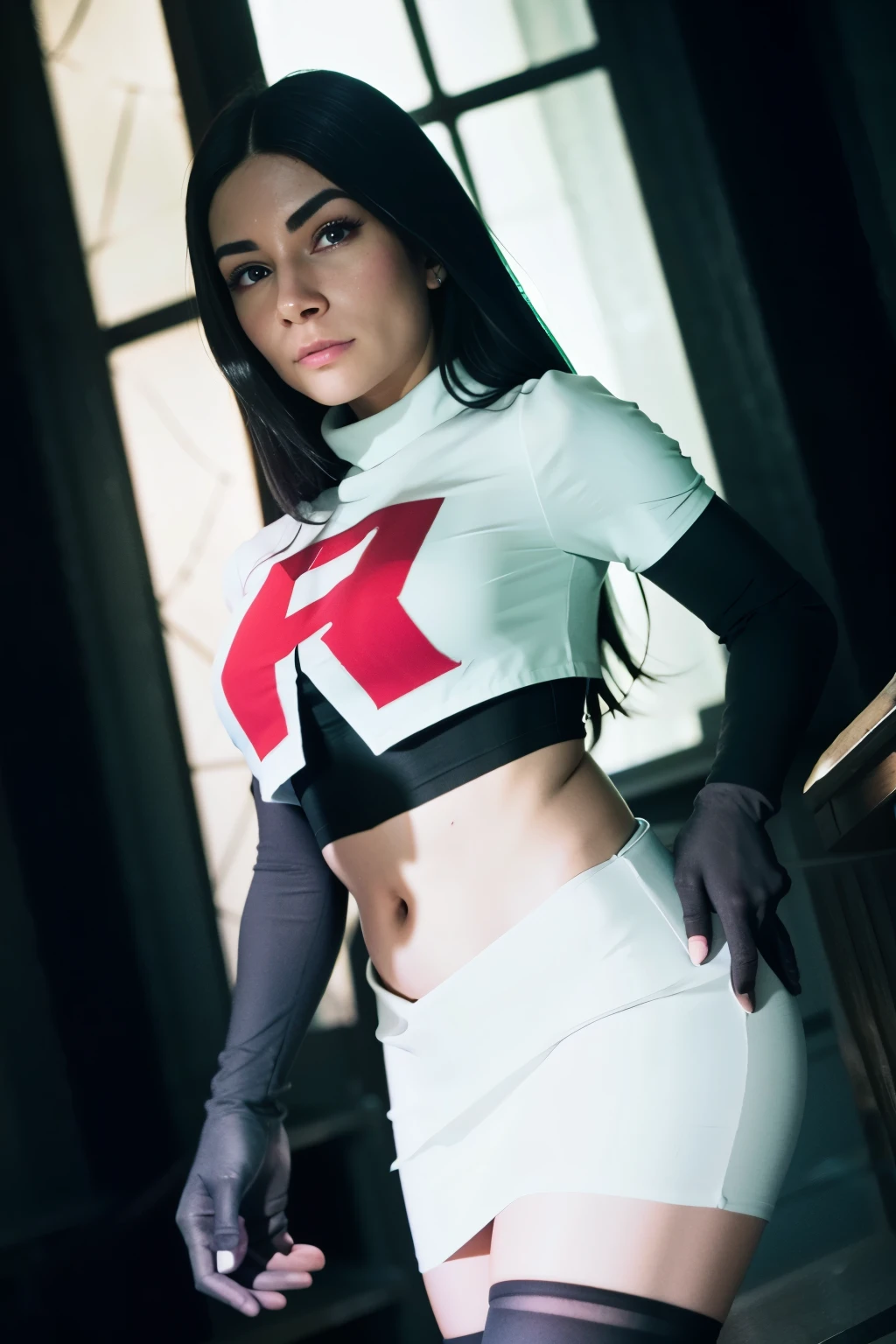 alinitydivine, a woman wearing team rocket,team rocket uniform,white skirt,red letter R,crop top,black thigh-highs,black elbow gloves,