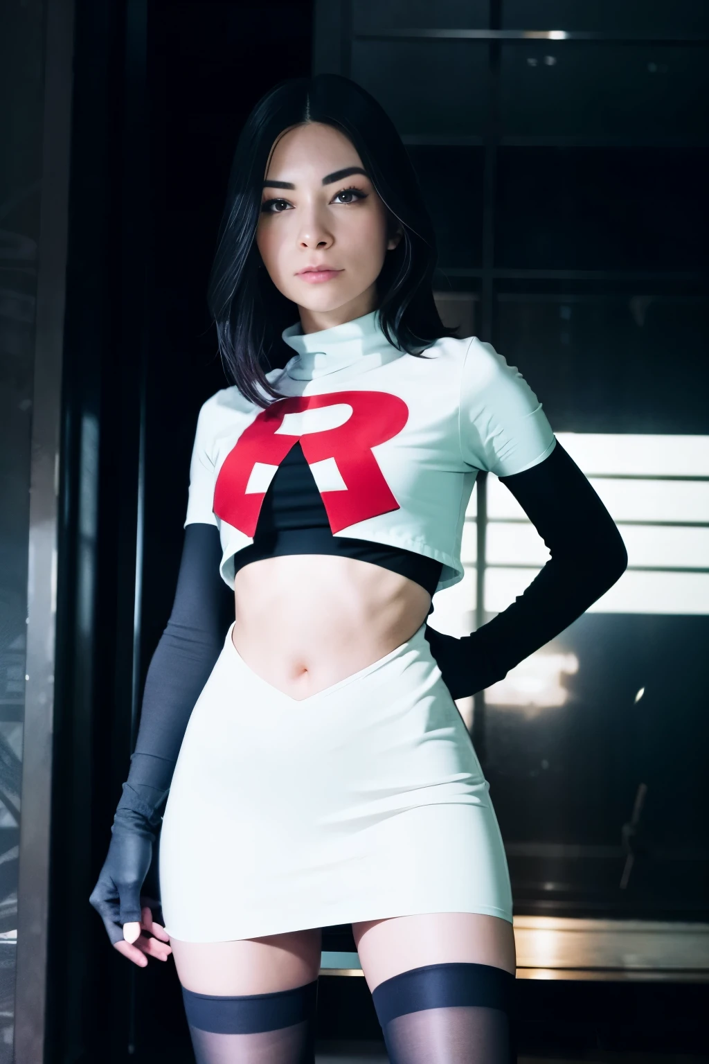 alinitydivine, a woman wearing team rocket,team rocket uniform,white skirt,red letter R,crop top,black thigh-highs,black elbow gloves,