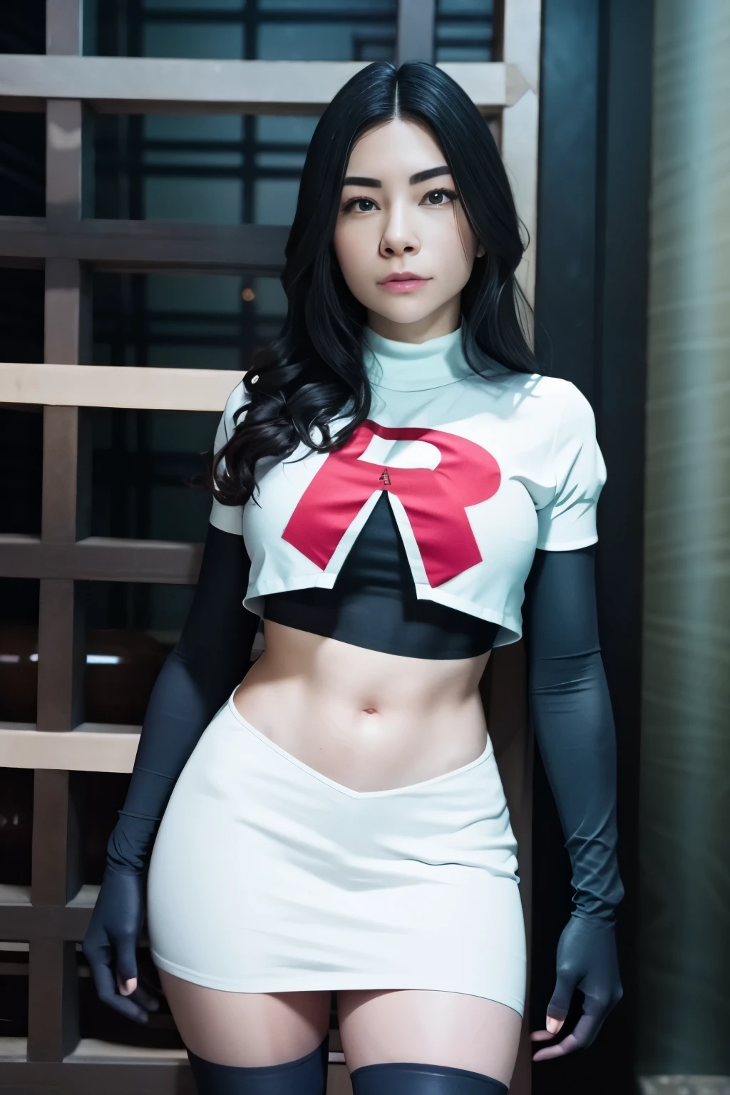 alinitydivine, a woman wearing team rocket,team rocket uniform,white skirt,red letter R,crop top,black thigh-highs,black elbow gloves,