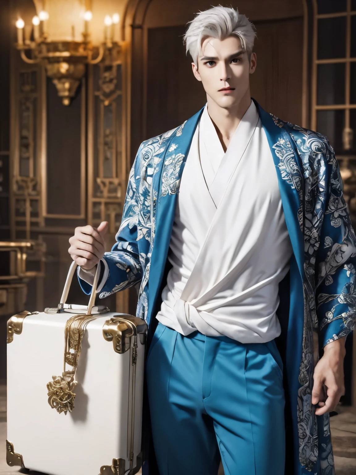  (male character design），（Messy flying white hair：1.2）, (long,Messy shawl hair：1.1），（The melancholy handsome Chinese man Lanling is flying with his suitcase：1.37），（Pan An wears modern and fashionable men&#39;s blue sweater suit pants：1.37），Pan An’s skin is fair and flawless，The bridge of his nose is high and straight，，（double eyelids, Bright Eyes, Big clear and bright eyes），sad prince，Food with red lips and white teeth，gentle melancholy，Pan An is tall and tall.，He has a strong physique，Toned muscles，Fresh and toned abs, His exquisite facial features，Kingly style， （Main color blue：0.8）