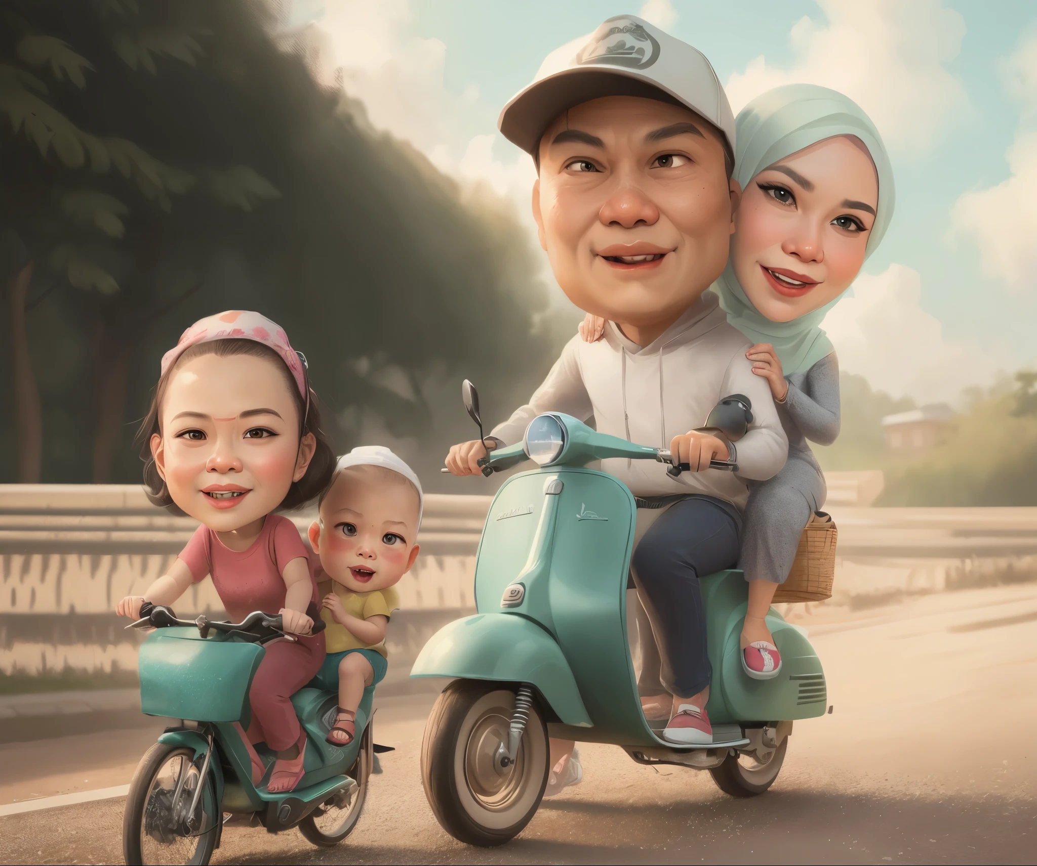 cartoon of a family riding a scooter with a baby on the back, Woman wearing hijab, caricature illustration, in cartoon style, an indonesian family portrait, caricature style, caricature, cartoon artstyle, happy family, cartoon art, barong family, potrait, caricature!!!, cartoon art style, cartoon style illustration, foto realistic, by Abidin Dino, cartoon style, digital art cartoon, detail, hiperrealism, 8k
