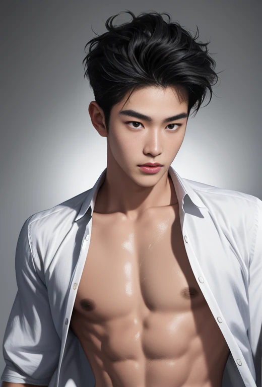 High quality, masterpiece, highly detailed, 8k, perfect face, perfect body, realistic, photogenic, man, Asian, young, black hair, short hair, handsome, detailed eyes, beautiful detailed nose, realistic body, realistic light, comfortable expressions, cute guy, sweat guy, cool guy, abs sixpack, model style, sexy clothes , full body, clean skin, crop tops