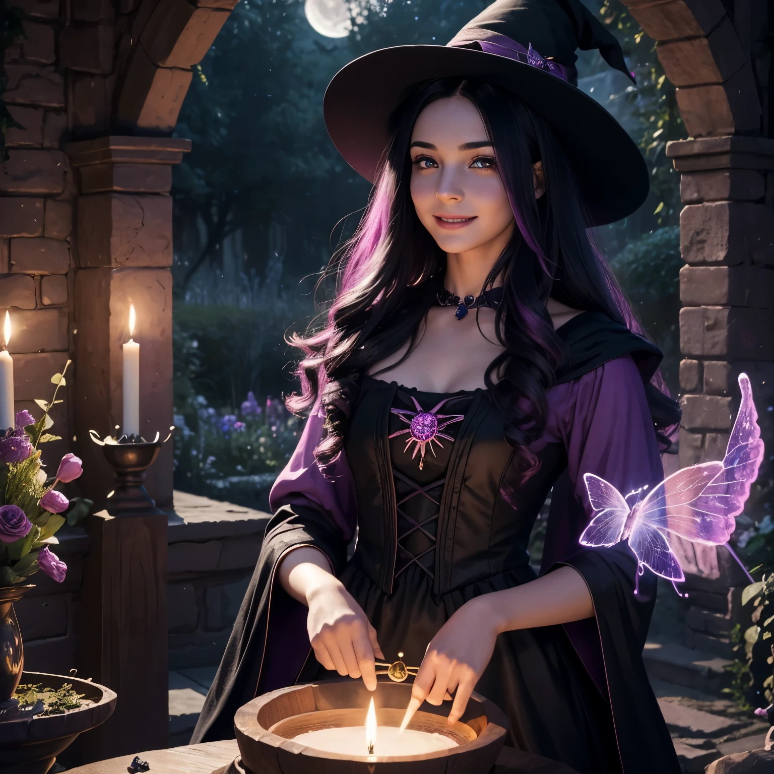 (best quality,4k,8k,highres,masterpiece:1.2),ultra-detailed,(realistic,photorealistic,photo-realistic:1.37), a  boy joins a witch coven and gets magically transformed into a cute teenage witch girl, sex change ritual, pink eyes, long black hair, is happy, stunning black Victorian dress, pointy hat, magical transformation, detailed facial features, glowing and vibrant pink eyes, flowing and glossy long black hair, happy and excited expression, joyful and radiant vibe, surrounded by a mystical aura, spell books and potions in the background, an enchanting garden with colorful flowers, butterflies flying around, moonlit night with a full moon shining above, soft and ethereal lighting, a group of friendly witches welcoming the new girl into the coven, joyful celebration and magical rituals, feminine and elegant movements, a cauldron overflowing with sparkles and magical essence, black and purple hues dominating the color palette, whimsical and enchanting atmosphere, breathtaking and bewitching nature, a sense of empowerment and self-discovery.