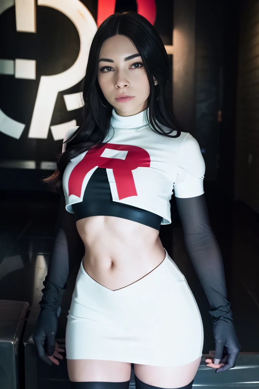 alinitydivine, a woman wearing team rocket,team rocket uniform,white skirt,red letter R,crop top,black thigh-highs,black elbow gloves,