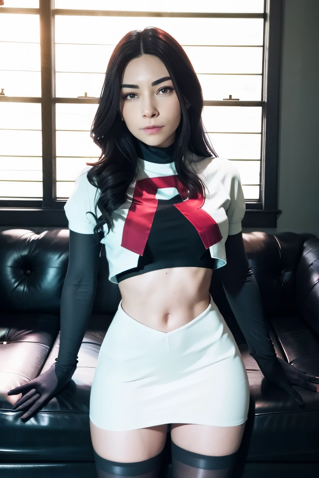 alinitydivine, a woman wearing team rocket,team rocket uniform,white skirt,red letter R,crop top,black thigh-highs,black elbow gloves,