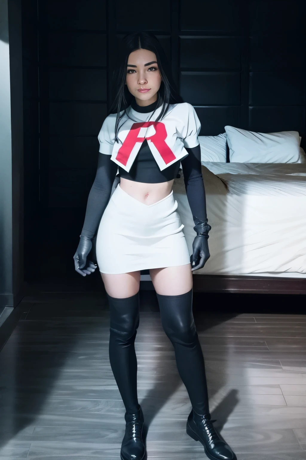 micaiah fe, short bob hair, black hair, blue eyes, fair skin, small breasts, glossy lips ,team rocket uniform, red letter R, white skirt, white crop top, black thigh-high boots, black elbow gloves, serious face, kneeling down, legs crossed, naked sex, sex view, lots of cum on sex, vaginal penetration with penis, full body, night sky background (very sexy body, detailed face, masterpiece, highly detailed, 8k, best quality, vibrant colors, digital art, concept art).