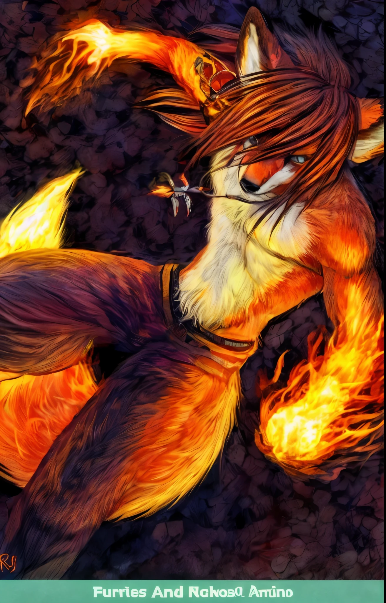anthro fox boy furry detailed fur long fur long hair realistic fur digital art, a drawing of a furry animal with a fire tail, fire!! full body, kitsune holding torch, fiery aura, kitsune three - tailed fox, three - tailed fox, nine tails, flame in the fur, kitsune, furry art!!!, fire type, fox nobushi, depicting a corgi made of fire, ghost of the fire spirit