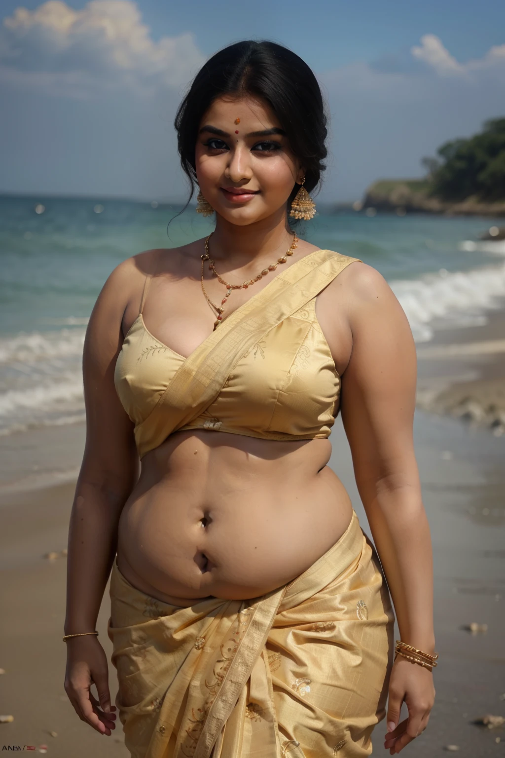 (best quality,4k,8k,highres,masterpiece:1.2),ultra-detailed,(realistic,photorealistic,photo-realistic:1.37), Indian woman wearing (properly draped) saree (saree), (young woman), 20 years old, (chubby cheeks:1.5), (curvy body:1.4), (eyeglasses), (bindi), An Indian beauty, charismatic, light Indian- skin, view the viewer, naughty smile, in a beach,(detailed facial features), full-body shot, hd, 2k, 4k , 8k, 16k