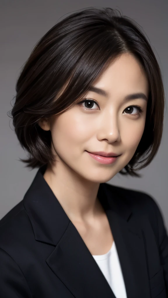 (8k, best quality, masterpiece, realistic, ultra detail, photo realistic, Increase quality, lighting forward:1.5, looking at viewer:1.5, gray background, professional lighting), 28-year-old woman in Japan, Charming detective assistant, (length:1.2), intellectual, facial expressions, shining eyes, slim body shape, Passionate attitude, Sophisticated clothing, Interesting gaze, Strong sense of responsibility, Stylish appearance, confident smile, Professional atmosphere, Dark brown hair color, Medium height, あなたがintellectualに感じるようにドレス, Knowledgeable impressions,