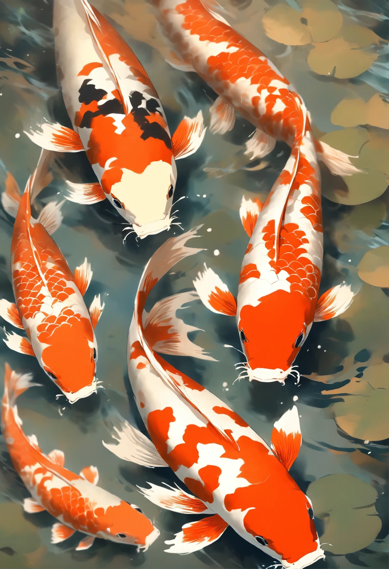 One koi fish is artistically rendered in calligraphy style, with elegant brush strokes capturing its graceful movements. The black and white color scheme is punctuated by vibrant orange accents, adding a vivid pop to the image. Presented from a top-down view, the carefully crafted ink blobs and splash effects create a sense of dynamic energy. The overall effect of this high-quality painting is mesmerizing, invoking a serene and contemplative mood.