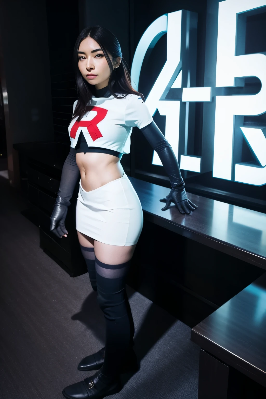 alinitydivine, a woman wearing team rocket,team rocket uniform,white skirt,red letter R,crop top,black thigh-highs,black elbow gloves,