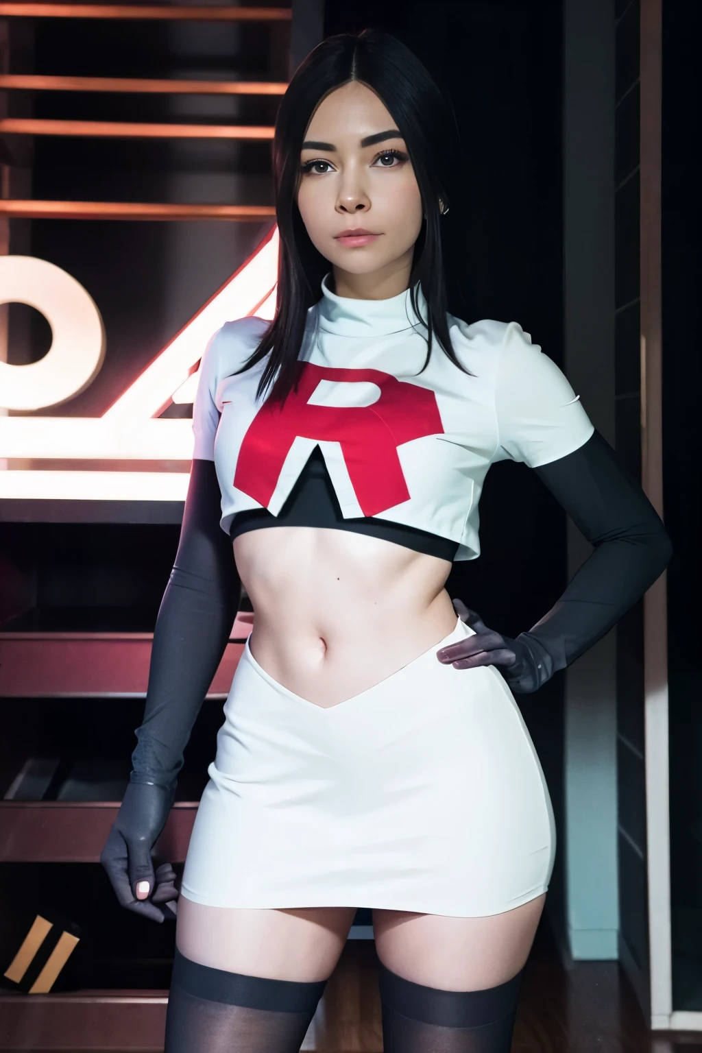 alinitydivine, a woman wearing team rocket,team rocket uniform,white skirt,red letter R,crop top,black thigh-highs,black elbow gloves,