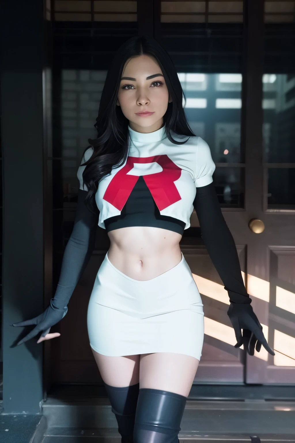 alinitydivine, a woman wearing team rocket,team rocket uniform,white skirt,red letter R,crop top,black thigh-highs,black elbow gloves,