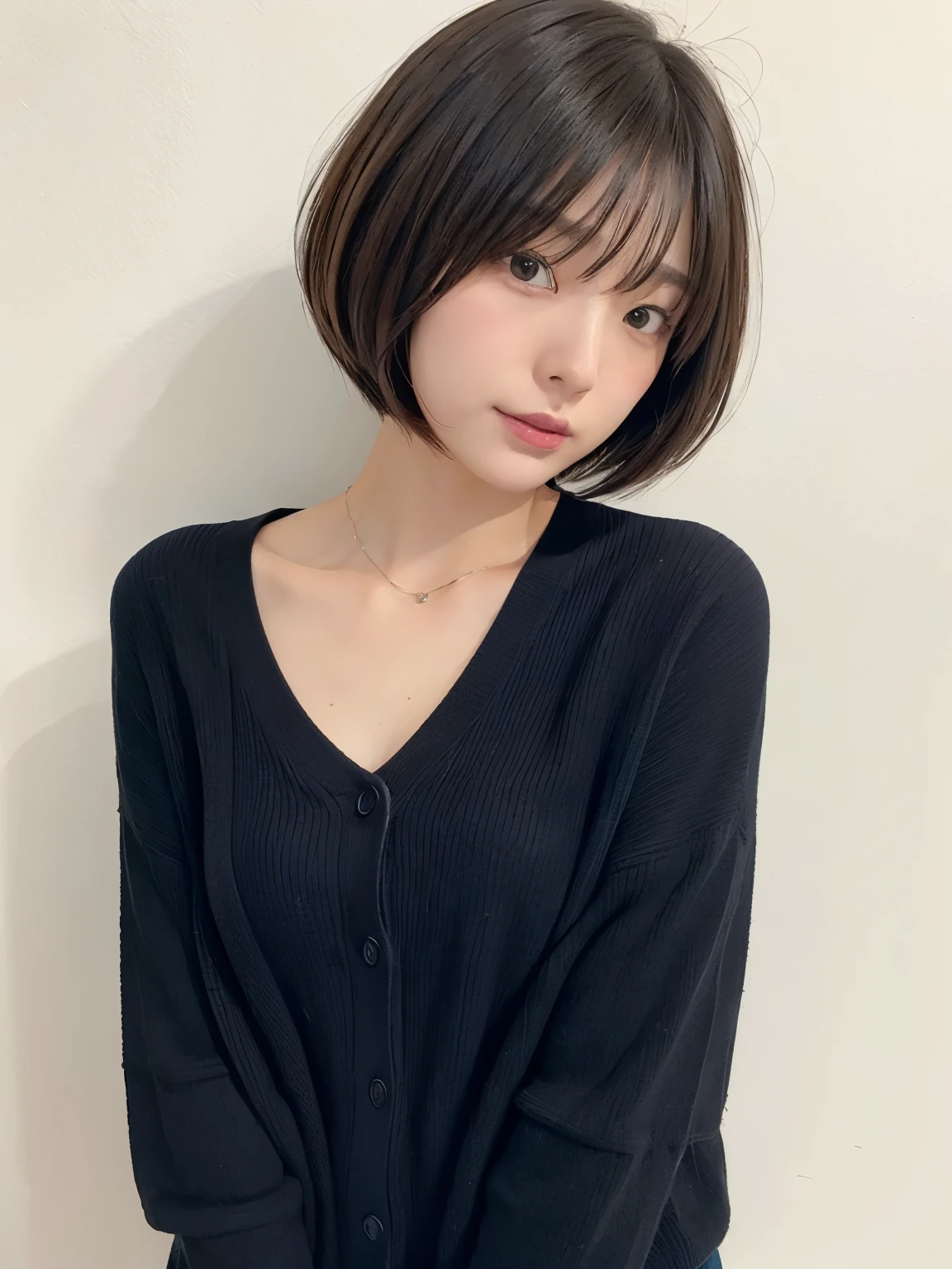20th generation Japanese women、bob hair with movement、wearing a black cardigan、Taken in front of a white wall、Inside a white walled room with a window、light bob、brown hair、average face of a japanese woman