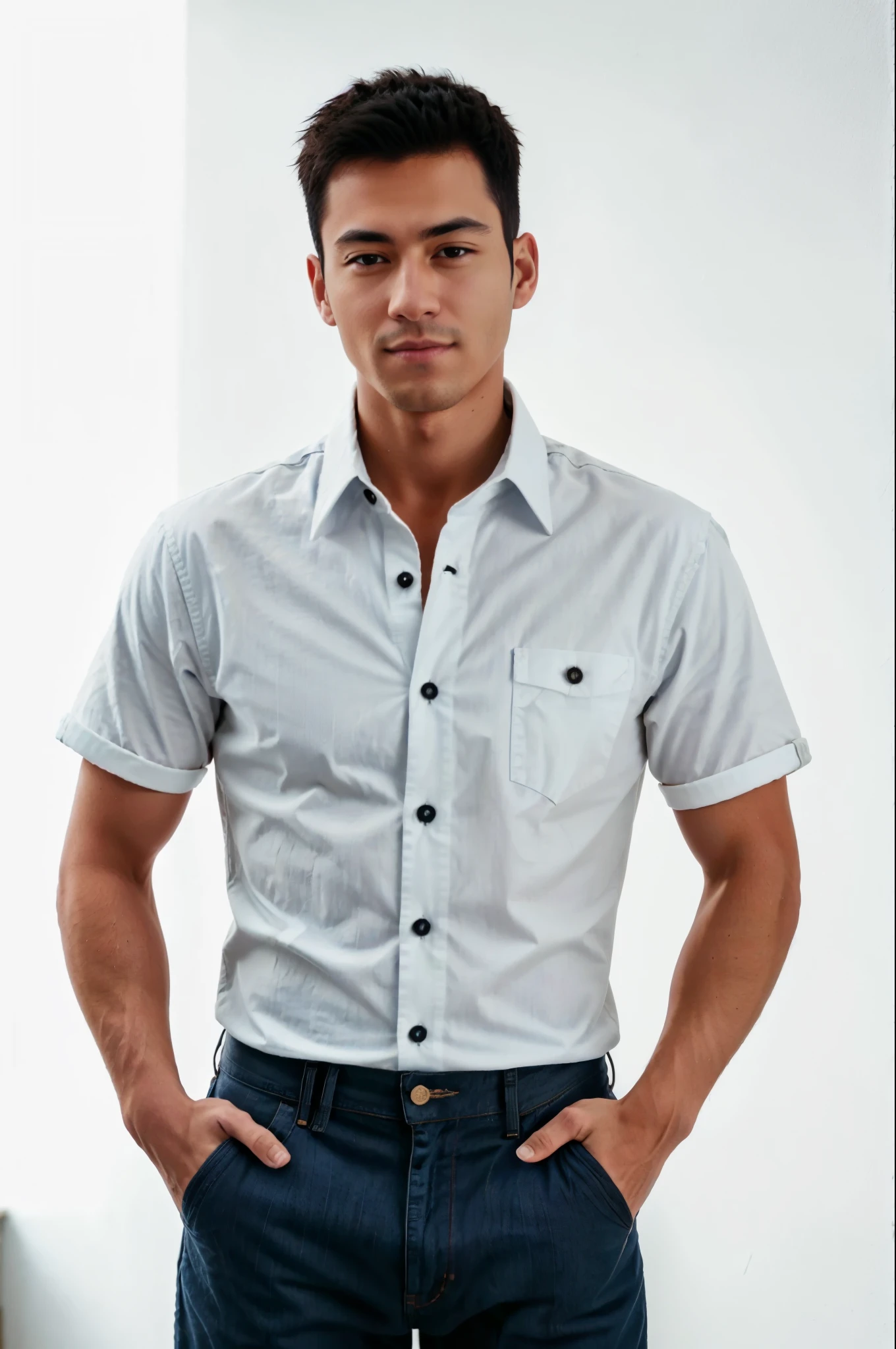 arafed man in a white camisa and jeans posing for a picture, wearing in camisa, wearing a light camisa, wearing a camisa, wearing white camisa, wearing a white camisa, camisa, roupas casuais modernas, button - up camisa, button up camisa, usando roupas casuais, wearing camisas, wearing a camisa and a jean, wearing a light blue camisa