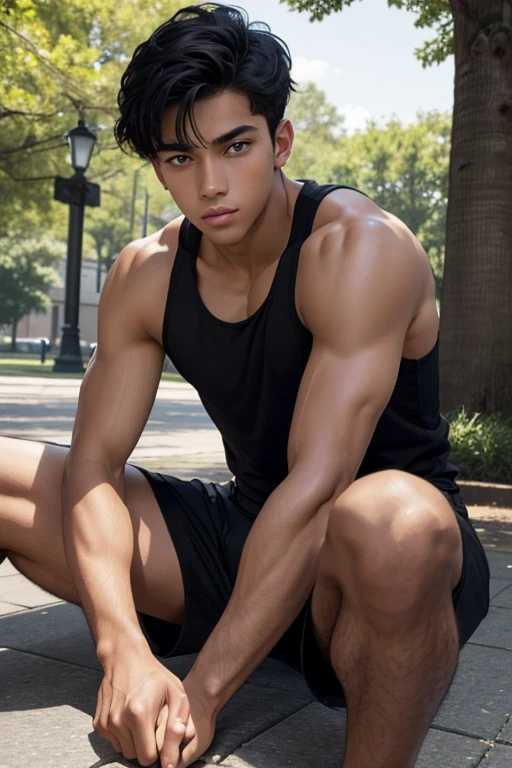 A young 18 year old male, athletic and well-defined body, lightly tanned skin, black hair, blue eyes, shirtless, black shorts, sitting on the ground with his tank top on the ground next to him in the park