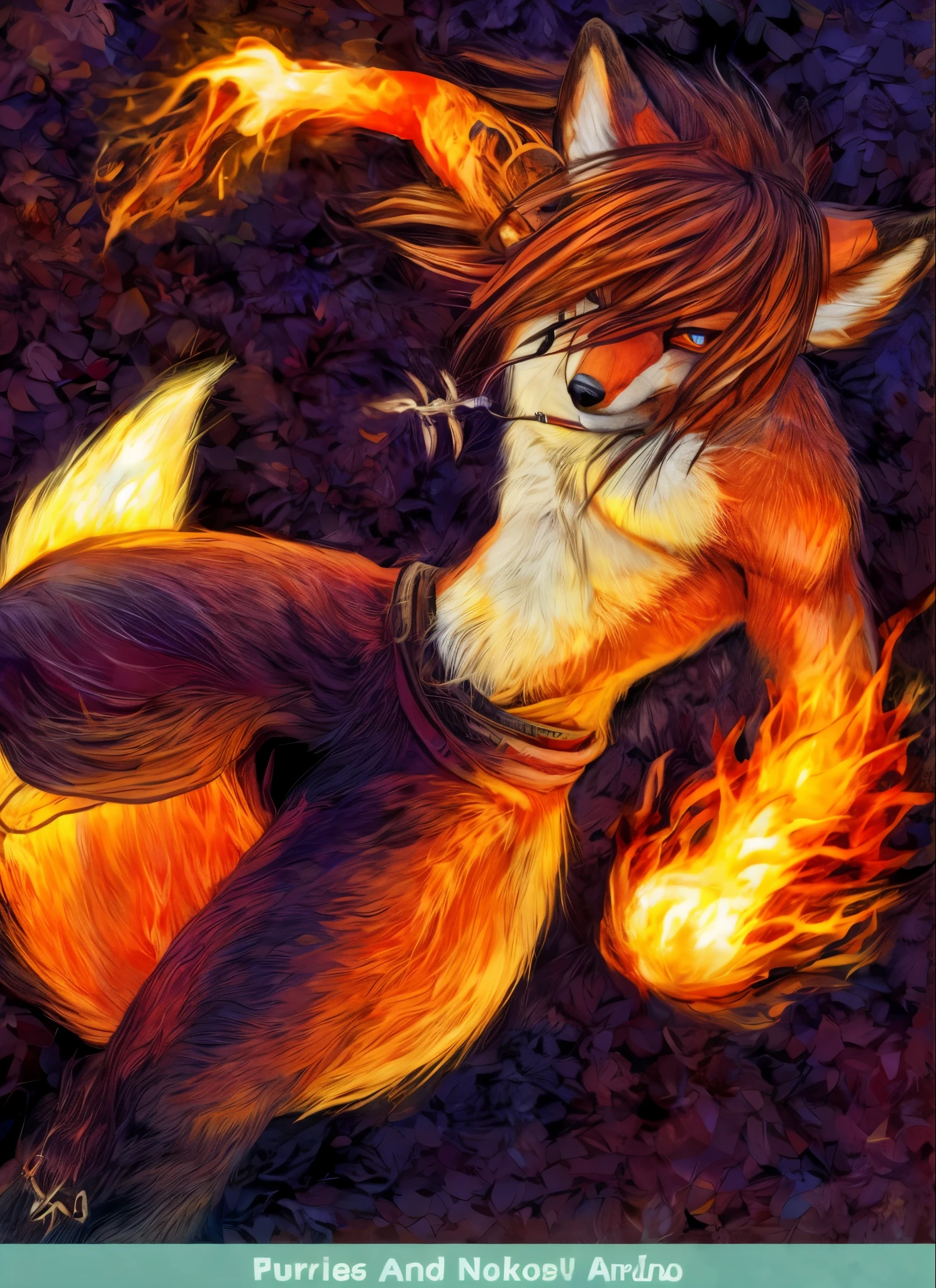 anthro fox boy furry detailed fur long fur long hair realistic fur digital art, a drawing of a furry animal with a fire tail, fire!! full body, kitsune holding torch, fiery aura, kitsune three - tailed fox, three - tailed fox, nine tails, flame in the fur, kitsune, furry art!!!, fire type, fox nobushi, depicting a corgi made of fire, ghost of the fire spirit