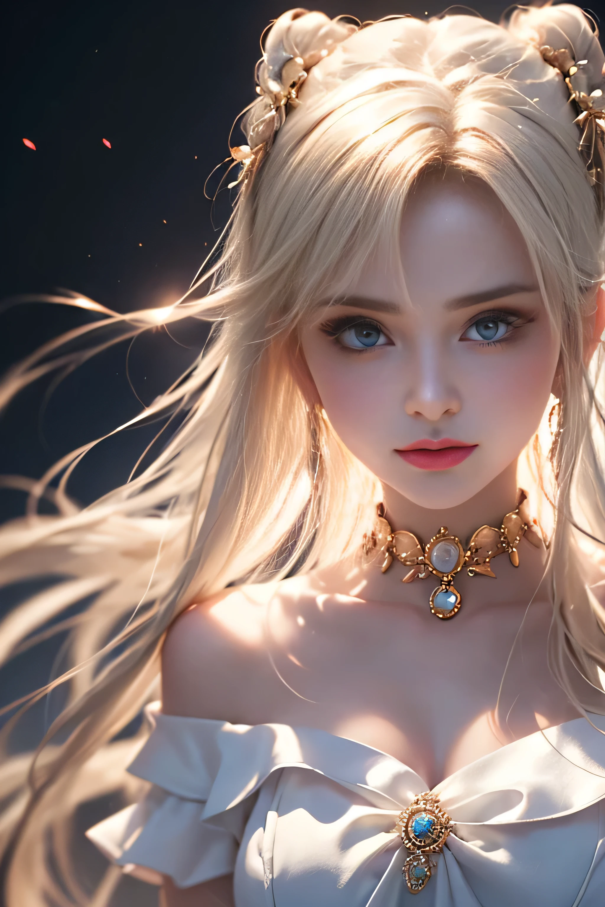 bright look、young shiny glossy white shiny skin、Best Look Rondo Reflective Light、Platinum blonde hair with dazzling highlights、shiny bright hair,、long straight hair、Shining beautiful bangs、Sparkling crystal clear charming big blue eyes、She is a very beautiful and lovely girl,beautiful and detailed eyes, beautifully detailed nose,(( whole body:1.5)),Makeup that the eyes emphasize、royal style,comic style, , Scattered under the water, gorgeous details, nature background, cinematic, dramatic lighting、((Off-the-shoulder sheer white dress、Mini skirt type:1.4))、1 girl、
