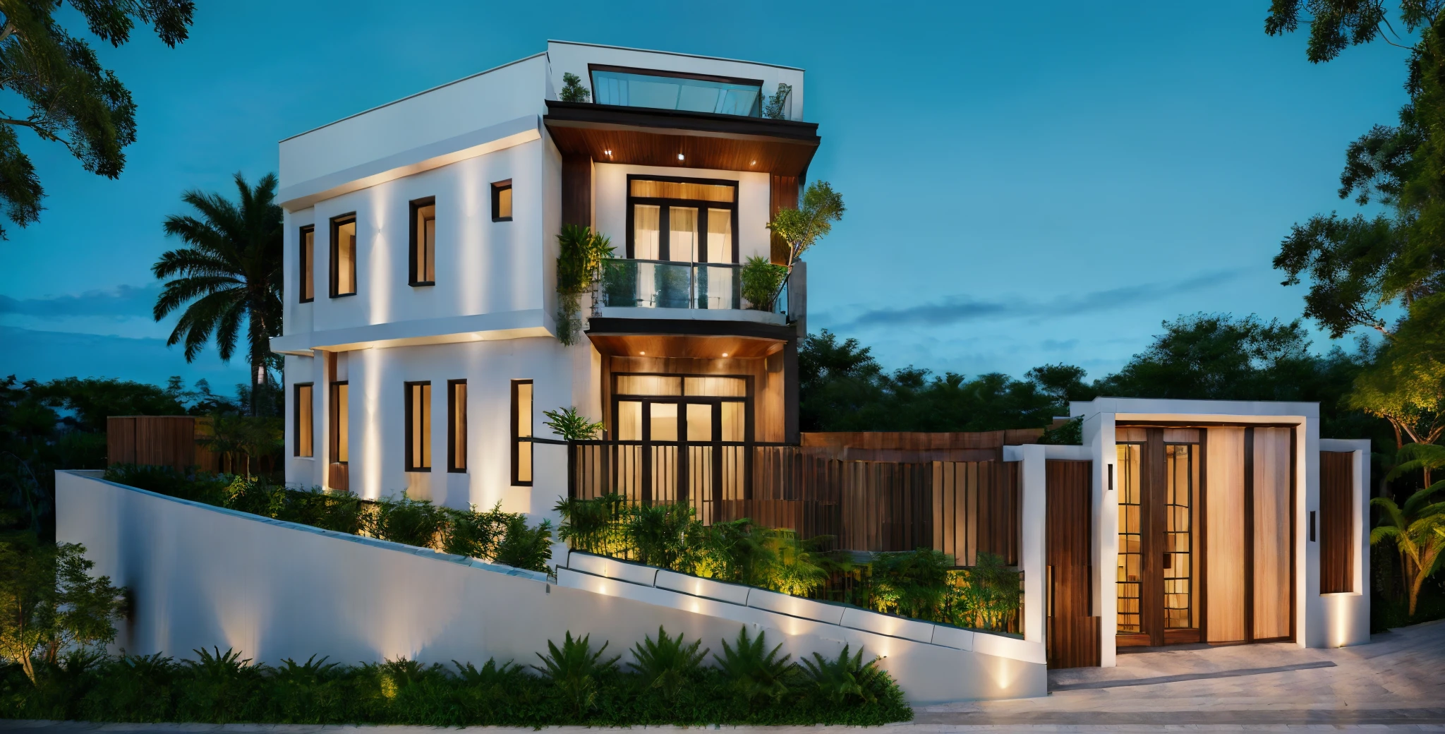 RAW photo,Masterpiece, high quality, best quality, authentic, super detail, townhouse, modern house with (tile wall:1.2), glass windows, (wooden ceiling:1.1), railing glass, gate, fence, (curve:1.1),tropical trees, day, beautifu sky, (high detailed :1.2), 8k uhd, dslr, soft lighting, high quality, film grain, Fujifilm XT3