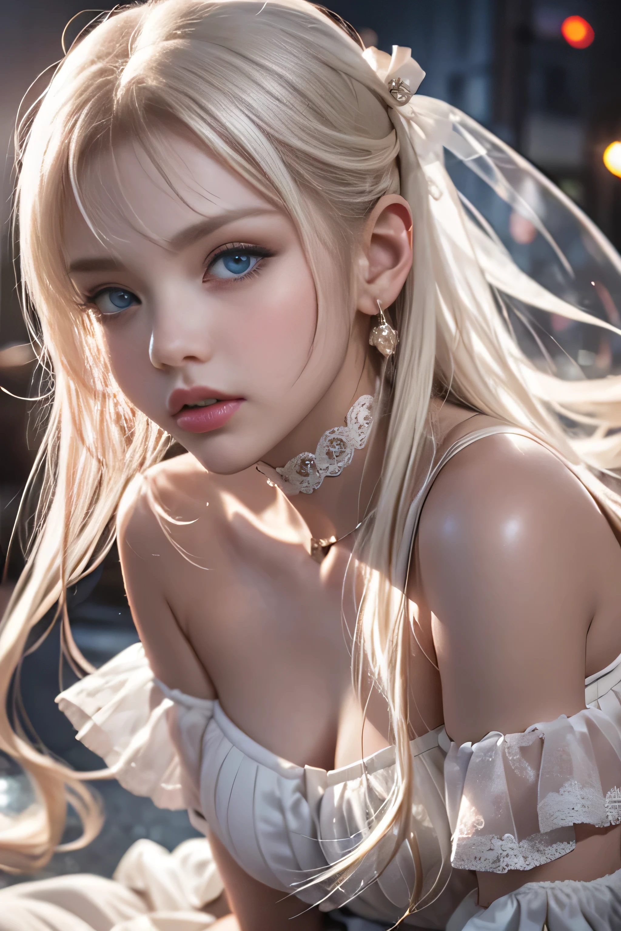 bright look、young shiny glossy white shiny skin、Best Look Rondo Reflective Light、Platinum blonde hair with dazzling highlights、shiny bright hair,、long straight hair、Shining beautiful bangs、Sparkling crystal clear charming big blue eyes、She is a very beautiful and lovely girl,beautiful and detailed eyes, beautifully detailed nose,(( whole body:1.5)),Makeup that the eyes emphasize、royal style，comic style, , Scattered under the water, gorgeous details, nature background, ((cinematic)), dramatic lighting、((Off-the-shoulder sheer white dress、Mini skirt type:1.4))、1 girl、(White lace panties are visible)