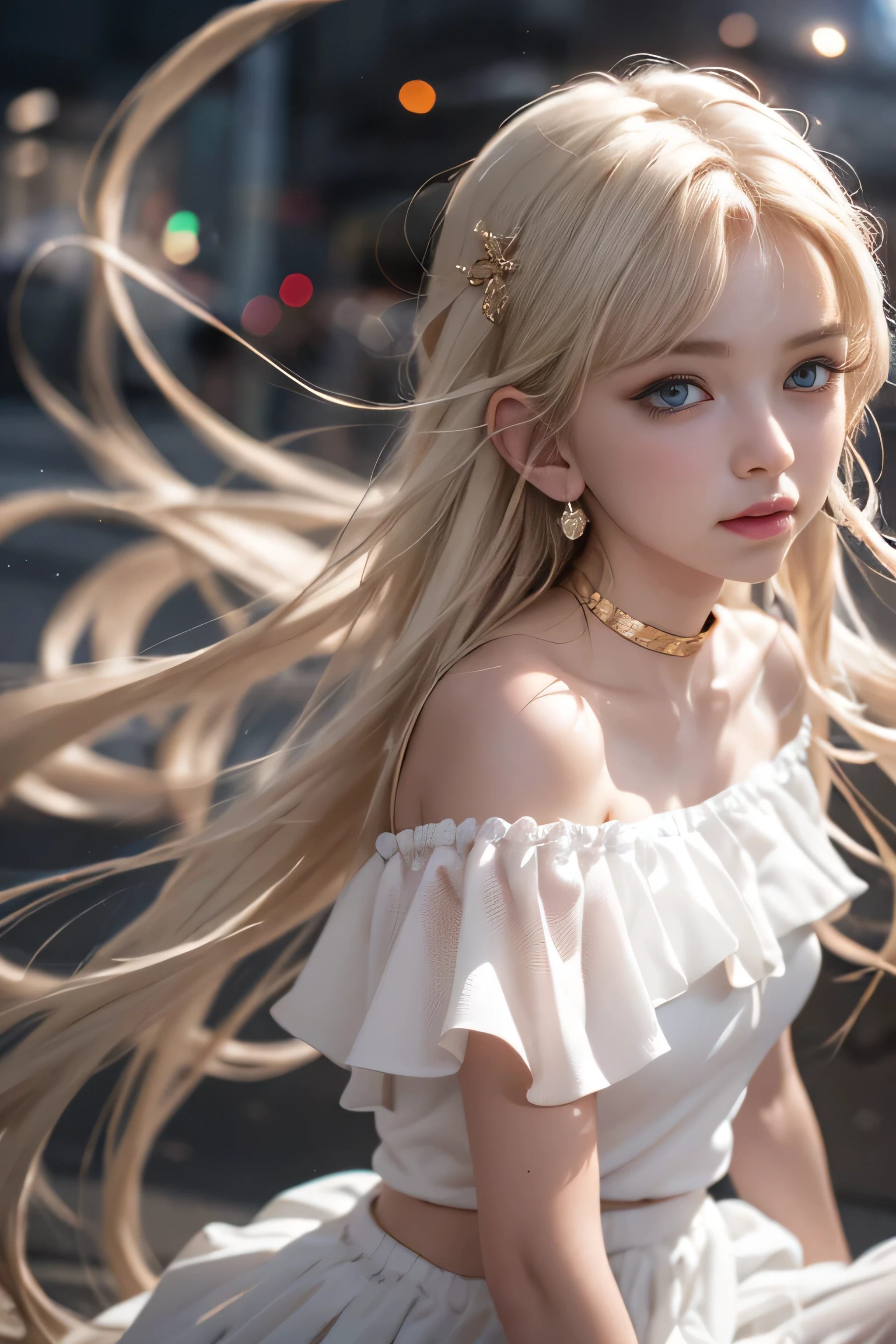bright look、young shiny glossy white shiny skin、Best Look Rondo Reflective Light、Platinum blonde hair with dazzling highlights、shiny bright hair,、long straight hair、Shining beautiful bangs、Sparkling crystal clear charming big blue eyes、She is a very beautiful and lovely girl,beautiful and detailed eyes, beautifully detailed nose,(( whole body:1.5)),Makeup that the eyes emphasize、royal style，comic style, , Scattered under the water, gorgeous details, nature background, ((cinematic)), dramatic lighting、((Off-the-shoulder sheer white dress、Mini skirt type:1.4))、1 girl、(White lace panties are visible)