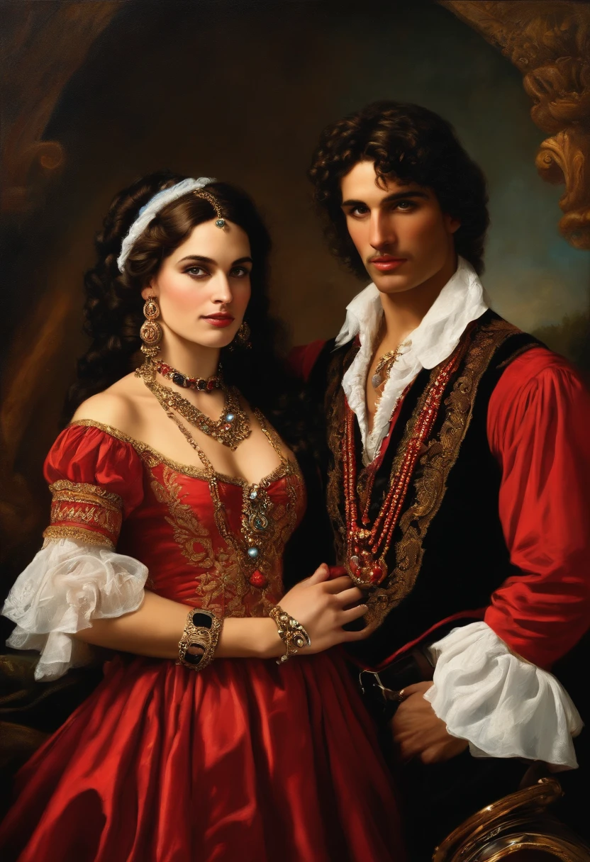 ​((Baroque style painting of a beautiful gypsy couple, man and woman)) earrings and bracelets, beautiful and sexy young people, lascivious and mischievous face, dressed in red, black and gold clothes in the style of the Victorian Era, light blue eyes, mouth sexy and shapely, long wavy brown hair, silky, falling over her shoulders, ((looking at the camera)), ((Hugging each other near a fire in a gypsy camp)). Baroque painting
