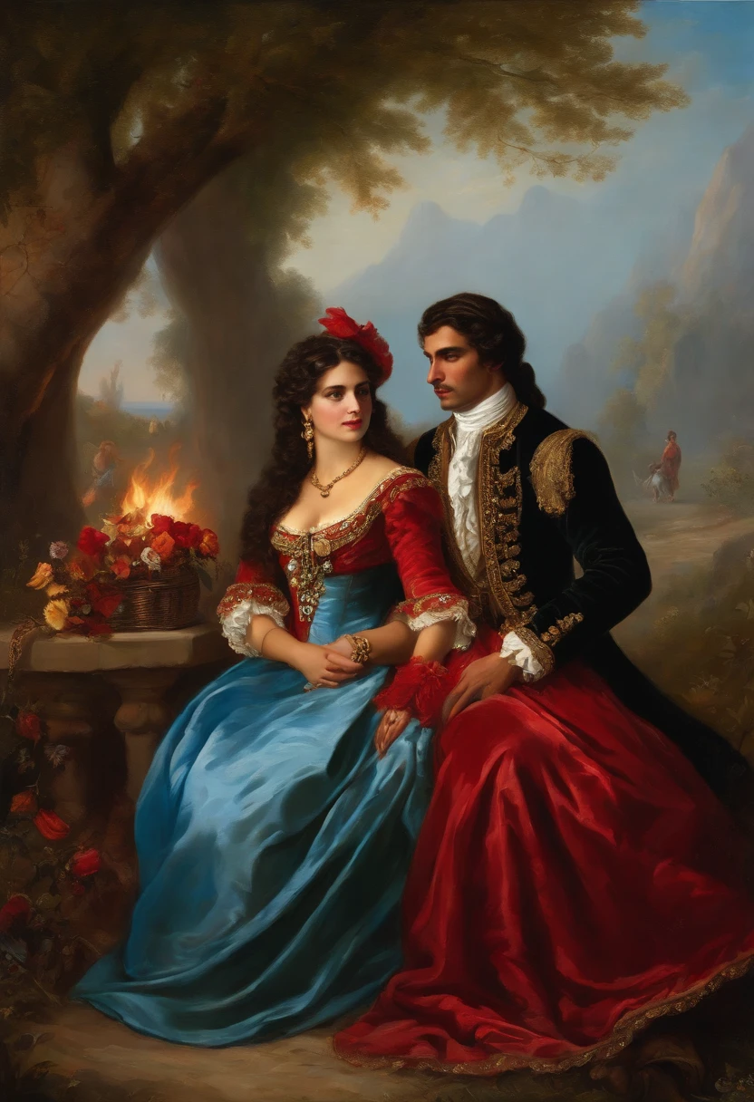 ((Baroque style painting of a beautiful gypsy couple, man and woman)) earrings and bracelets, beautiful and sexy young people, lascivious and mischievous face, dressed in red, black and gold clothes in the style of the Victorian Era, light blue eyes, mouth sexy and shapely, long wavy brown hair, silky, falling over her shoulders, ((looking at the camera)), ((Hugging each other near a fire in a gypsy camp)). Baroque painting