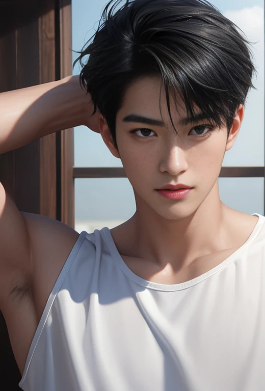 High quality, masterpiece, highly detailed, 8k, perfect face, perfect body, realistic, photogenic, man, Asian, young, black hair, short hair, handsome, detailed eyes, beautiful detailed nose, realistic body, realistic light, comfortable expressions, cute guy, sweat guy, cool guy, abs sixpack, model style, sexy clothes , full body, clean skin, crop tops