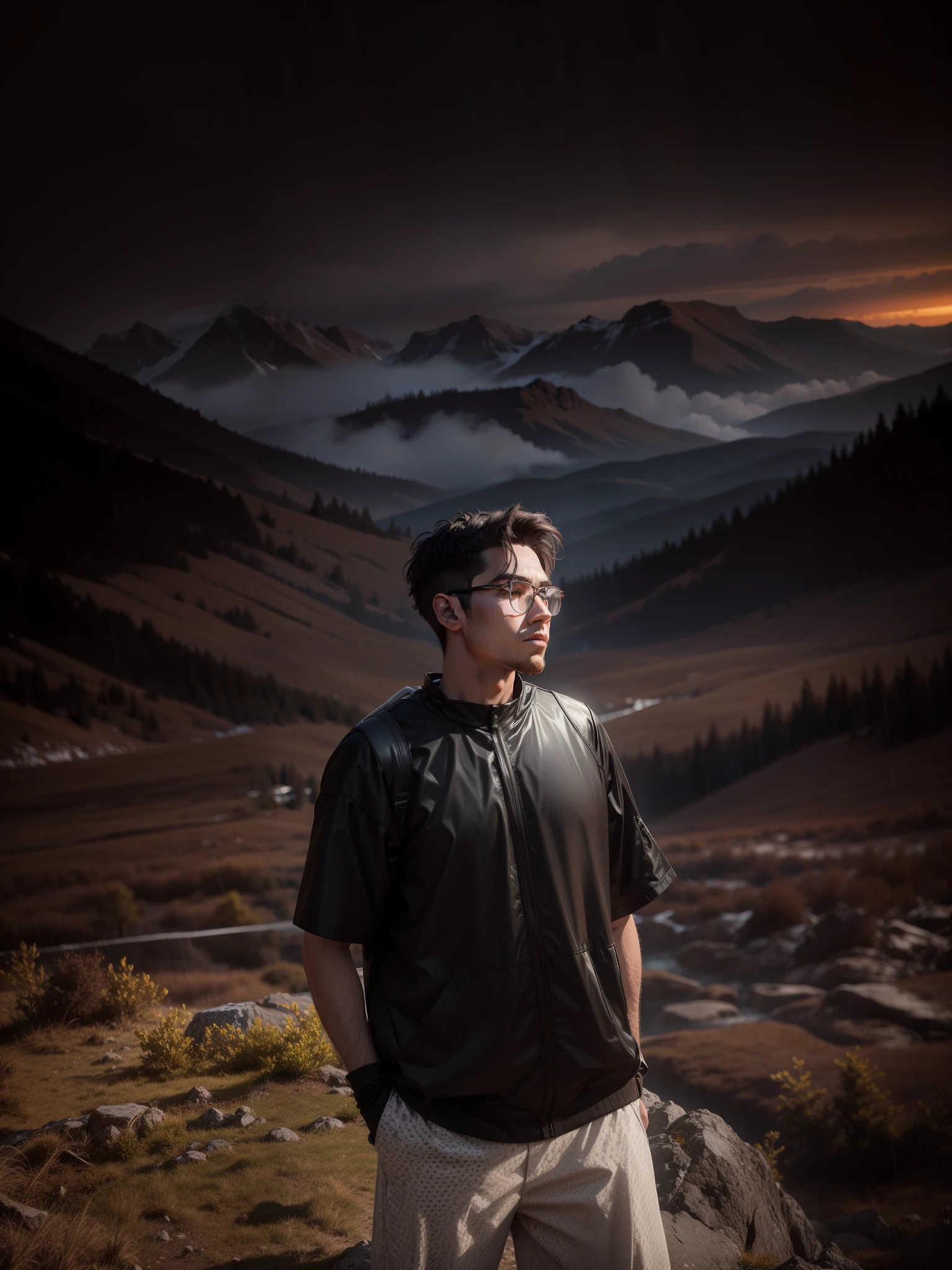 A hiker hiking a rocky mountain, dark sky, rainy weather, cold, bushes, grass, wet.