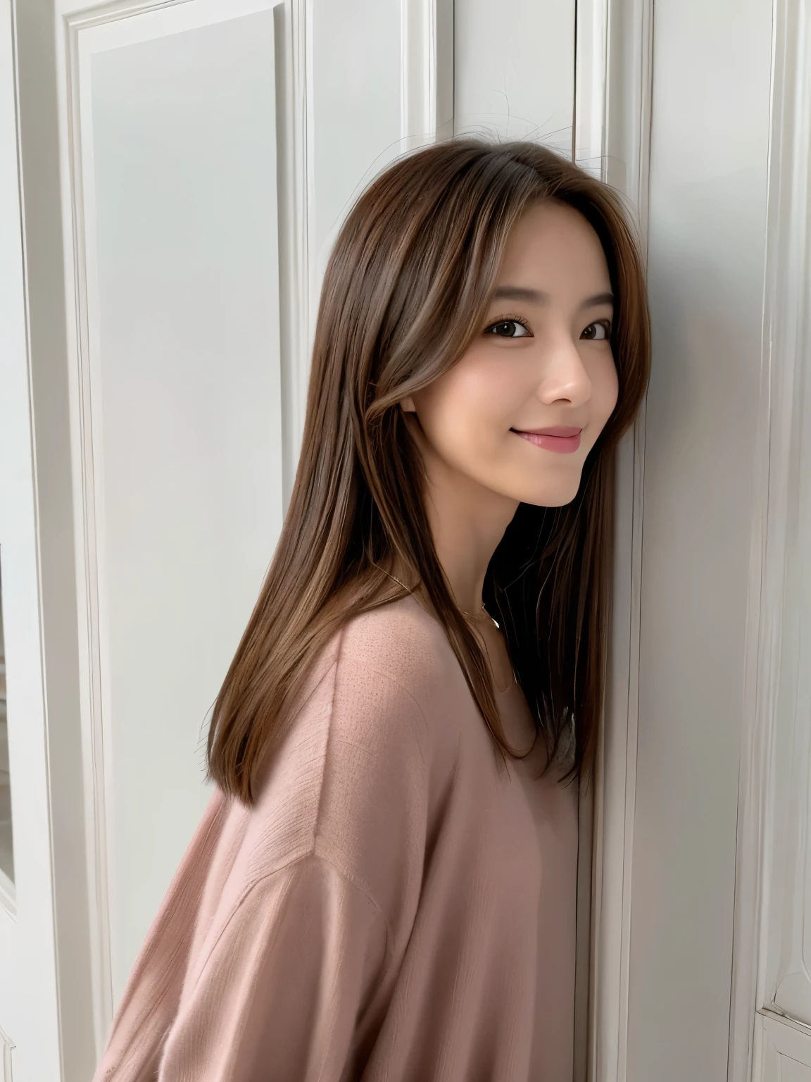 white wall、Taken in front of the white door、(窓のあるwhite wallの部屋)、(8K、Live shooting、highest quality、masterpiece:1.2)、High-definition RAW color photo、professional photos、(real、フォトreal:1.37)、Shot in natural light、1 girl、A sloppy smile、(various poses)、Crouch down、squat、BREAK is (Ombre:1.3) 、winter clothes、 necklace、(Beautiful profile:1.3)、Don't look at the camera、profile、shortcut、((brown hair)、short hair、Eye color is dark brown、(Beautiful profile:1.3)、correct hand of human body、looking down、pastel clothing、((correct human body profile))、(detailed eyes)