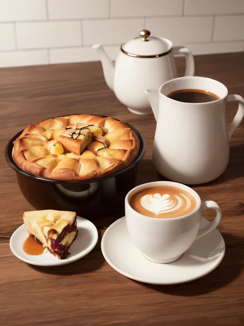 ((masterpiece、highest quality、Super detailed、High resolution、realistic、sharp focus))、((there are no humans))、high contrast、high color saturation、big bread pudding、Pastries、Coffee and mugs、coffee pot、hawk、stylish ceramic plate、Brick wall background、blurred background