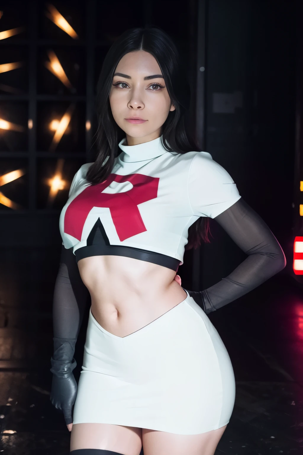 alinitydivine, a woman wearing team rocket,team rocket uniform,white skirt,red letter R,crop top,black thigh-highs,black elbow gloves,