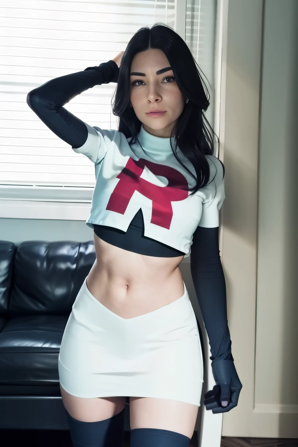 alinitydivine, a woman wearing team rocket,team rocket uniform,white skirt,red letter R,crop top,black thigh-highs,black elbow gloves,