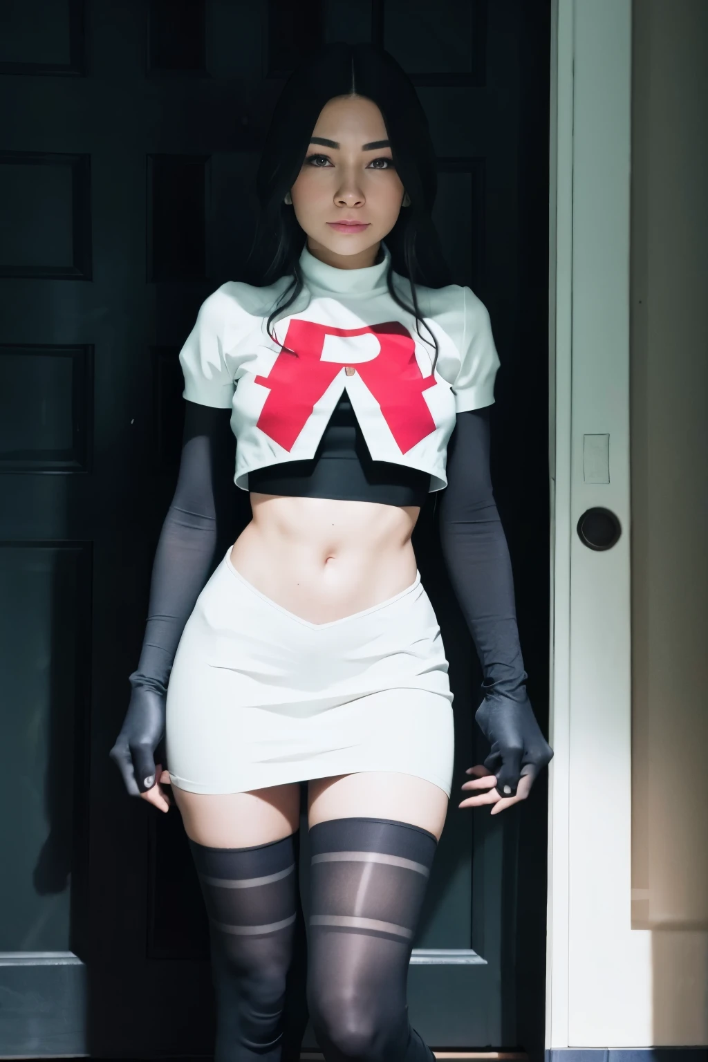 alinitydivine, a woman wearing team rocket,team rocket uniform,white skirt,red letter R,crop top,black thigh-highs,black elbow gloves,