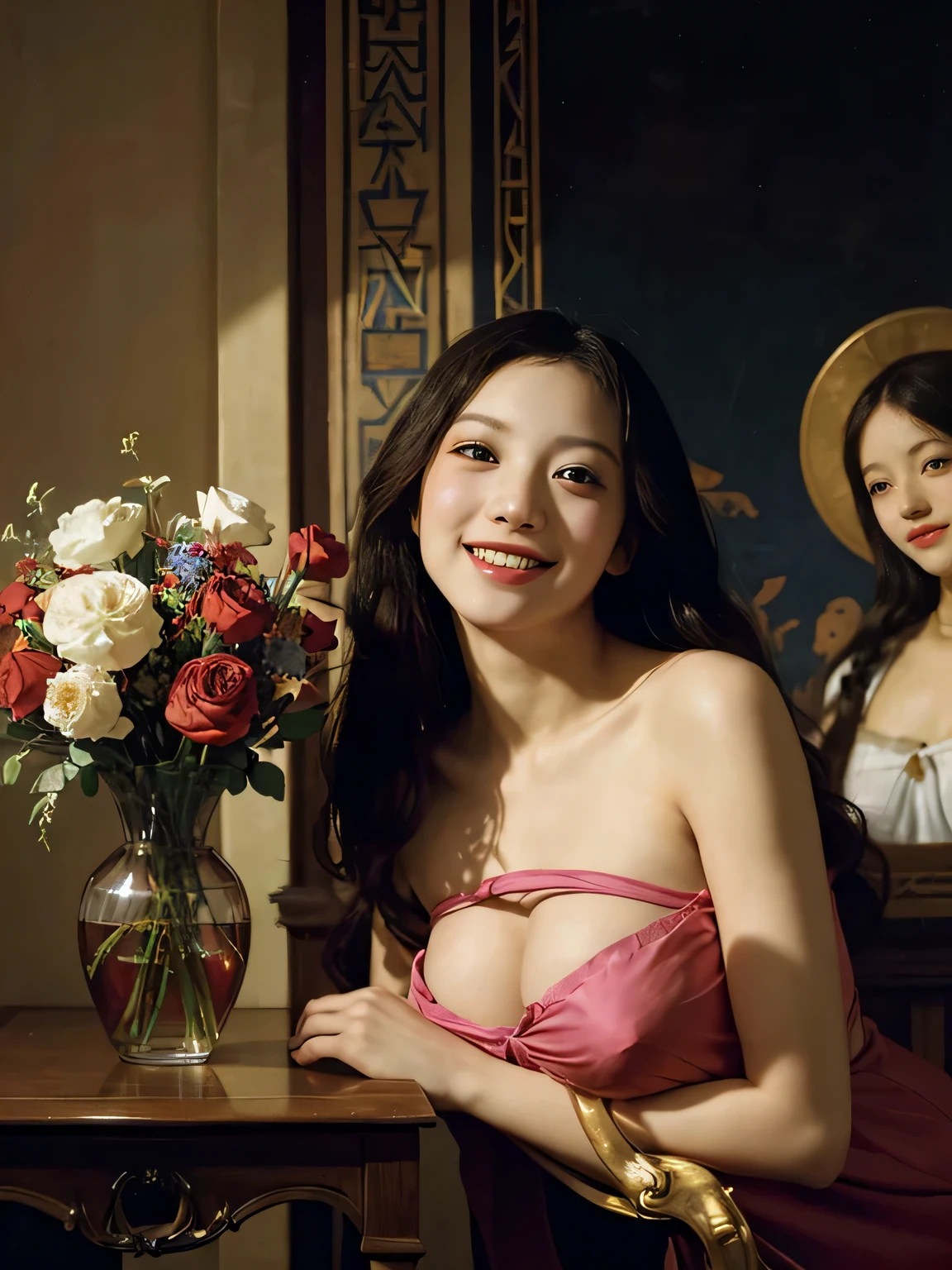 Geometry,astronault,quantum mechanics,Math,Astronomical machinery,astronault.Roses in a vase.fruits,Colossal tits,A smile.Ancient Greek costumes,Paintings by Sandro Botticelli。Costume with stretched shoulders,huge smile,Chiaroscuro of Caravaggio,Cute smile, Expression of ecstasy,A sexy