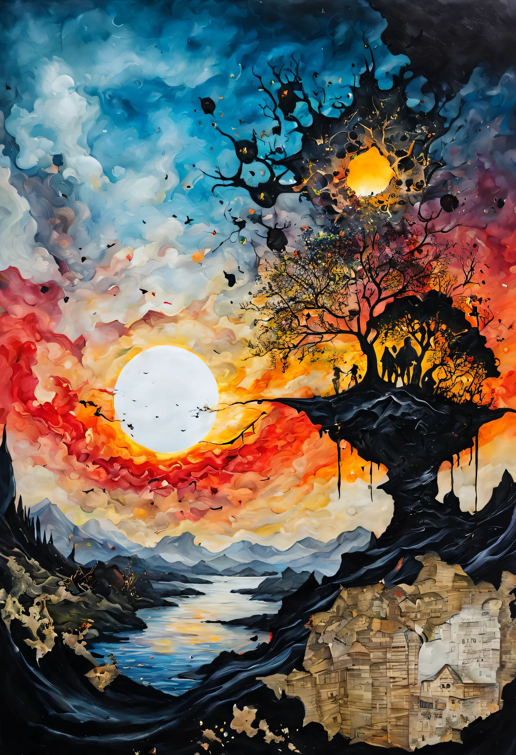 Art by AlDeeb AlDeeb 🎨,  double exposure detailed sunset painting, surrealism mail art, detailed oil Rococo masterpiece, fairytale, fantasy, mythological, dynamic poster, art on a cracked paper, splatter alcohol ink, close up, Art by AlDeeb, 
A light, natural, beautiful world and a dark, technological, ugly world crashing together into a portal