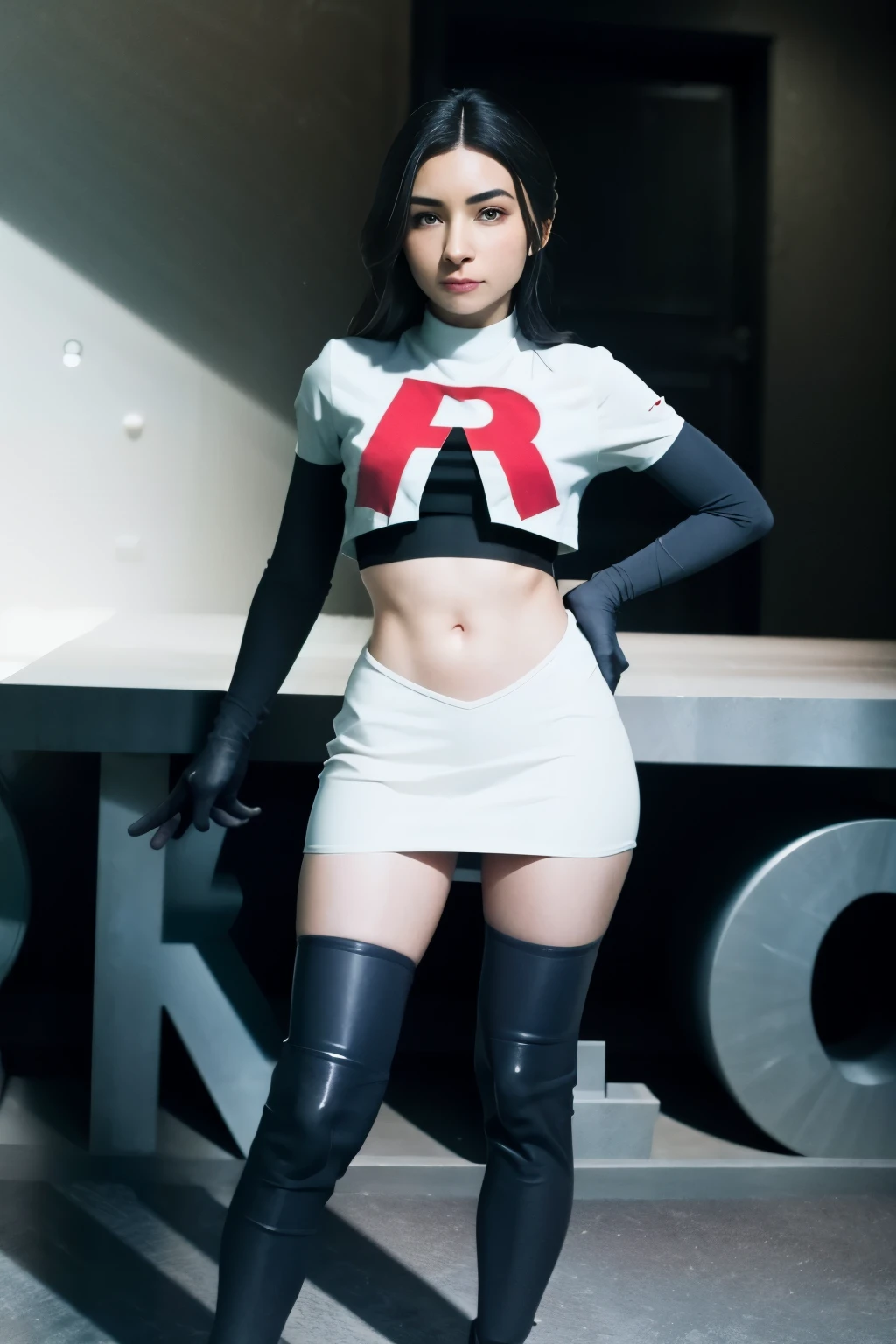 alinitydivine, a woman wearing team rocket,team rocket uniform,white skirt,red letter R,crop top,black thigh-highs,black elbow gloves,