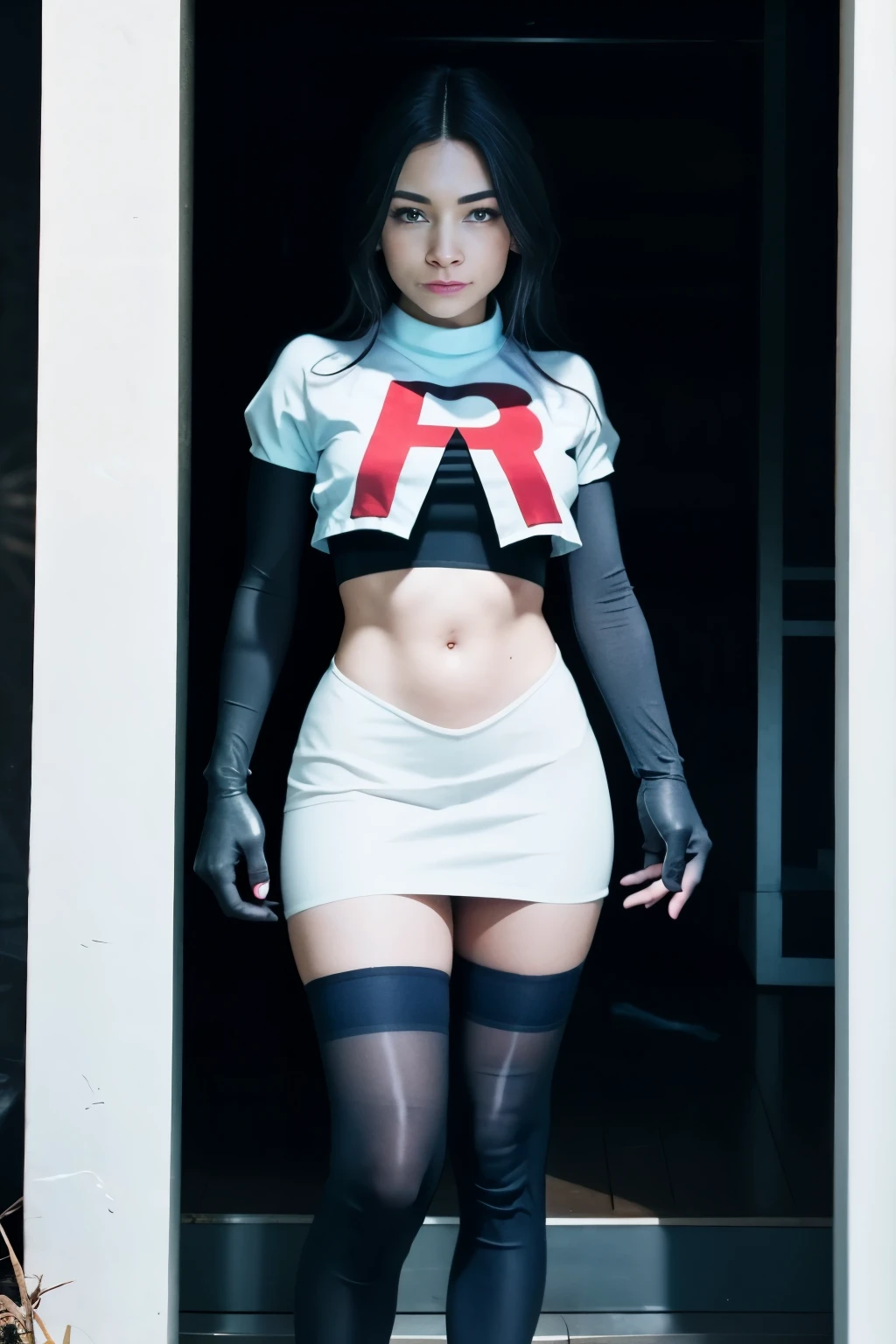 alinitydivine, a woman wearing team rocket,team rocket uniform,white skirt,red letter R,crop top,black thigh-highs,black elbow gloves,