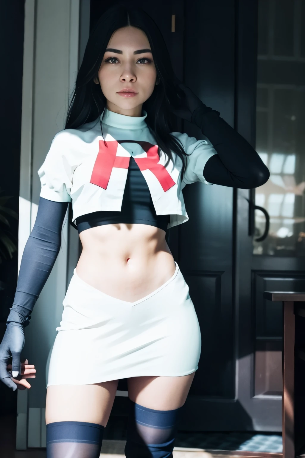 alinitydivine, a woman wearing team rocket,team rocket uniform,white skirt,red letter R,crop top,black thigh-highs,black elbow gloves,