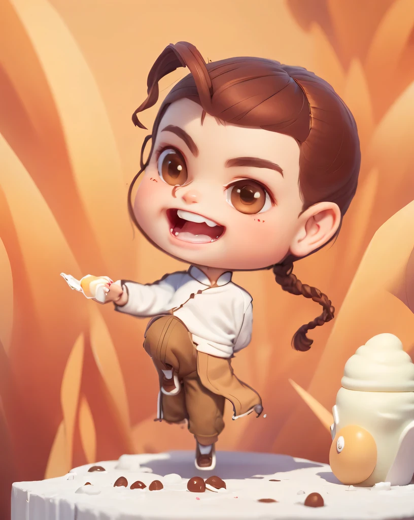 (masterpiece), (best quality), (Super detailed), (whole body: 1.2),
 chibi, Lovely, morning light, White background, holding ice cream cone, Front view, Bokeh, Supersaturation, Color contrast: 1.1, Surrealism, The art of math, art station, a boy with dark brown hair, braid, brown eyes, Smile and show your teeth, red clothes, Brown pants