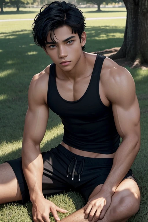 A young 18 year old male, athletic and well-defined body, lightly tanned skin, black hair, blue eyes, shirtless, no shirt on his body, black shorts, sitting on the ground in the grass under a tree with his black tank top on ground next to him in the park