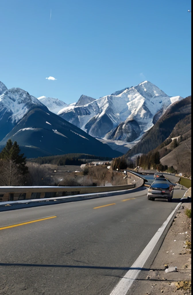 highway in a cold weather with nice mountains in background