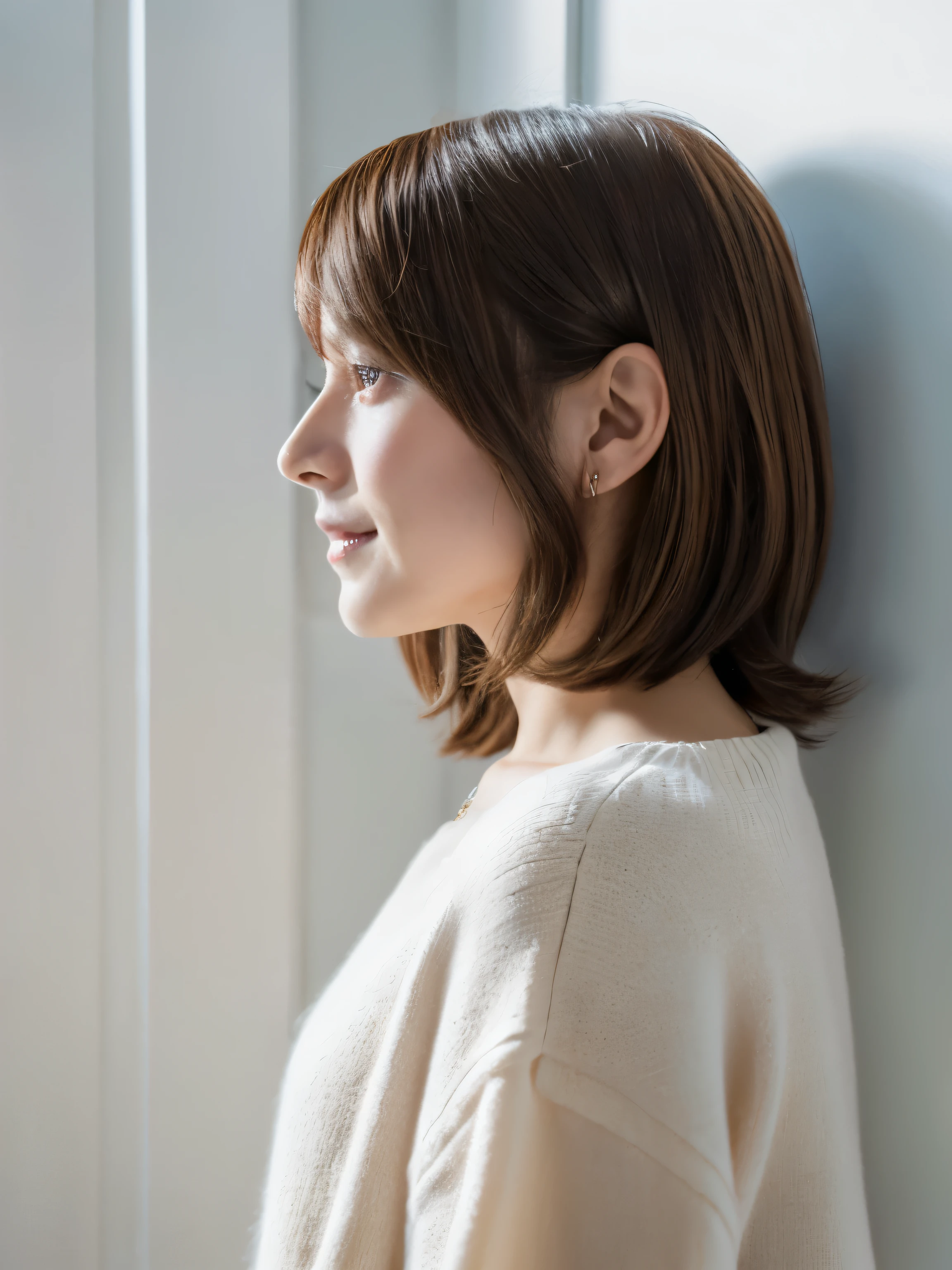 white wall、Taken in front of the white door、(窓のあるwhite wallの部屋)、(8K、Live shooting、highest quality、masterpiece:1.2)、High-definition RAW color photo、professional photos、(genuine、フォトgenuine:1.37)、Shot in natural light、1 girl、lazy smile、(various poses)、squat、squat、Blake is (Ombre:1.3) 、Winter clothes、 necklace、(Beautiful profile:1.3)、Don't look at the camera、profile、shortcut、((brown hair)、short hair、Eye color is dark brown、(Beautiful profile:1.3)、correct hand of human body、look down、pastel clothing、((correct human body profile))、(fine eyes)